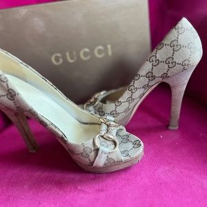 Gucci GG Horsebit Canvas Open-toe Platform Pumps Size 37